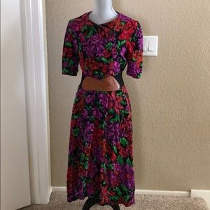 VINTAGE Black Purple Floral Midi Dress: M/L